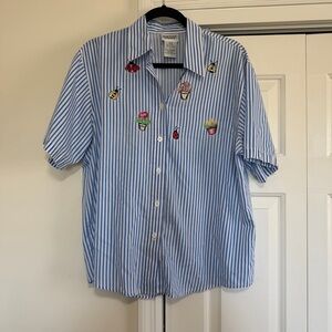 Napa Valley Vintage Button Down Short Sleeve Blouse Blue White Stripe Size Large